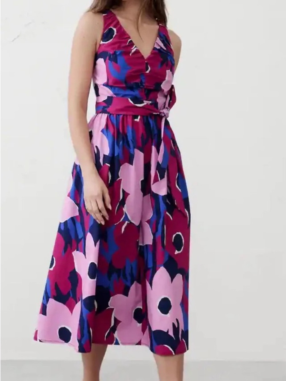 Banana Republic Magenta, Pink & Navy Floral Wrap Midi Dress